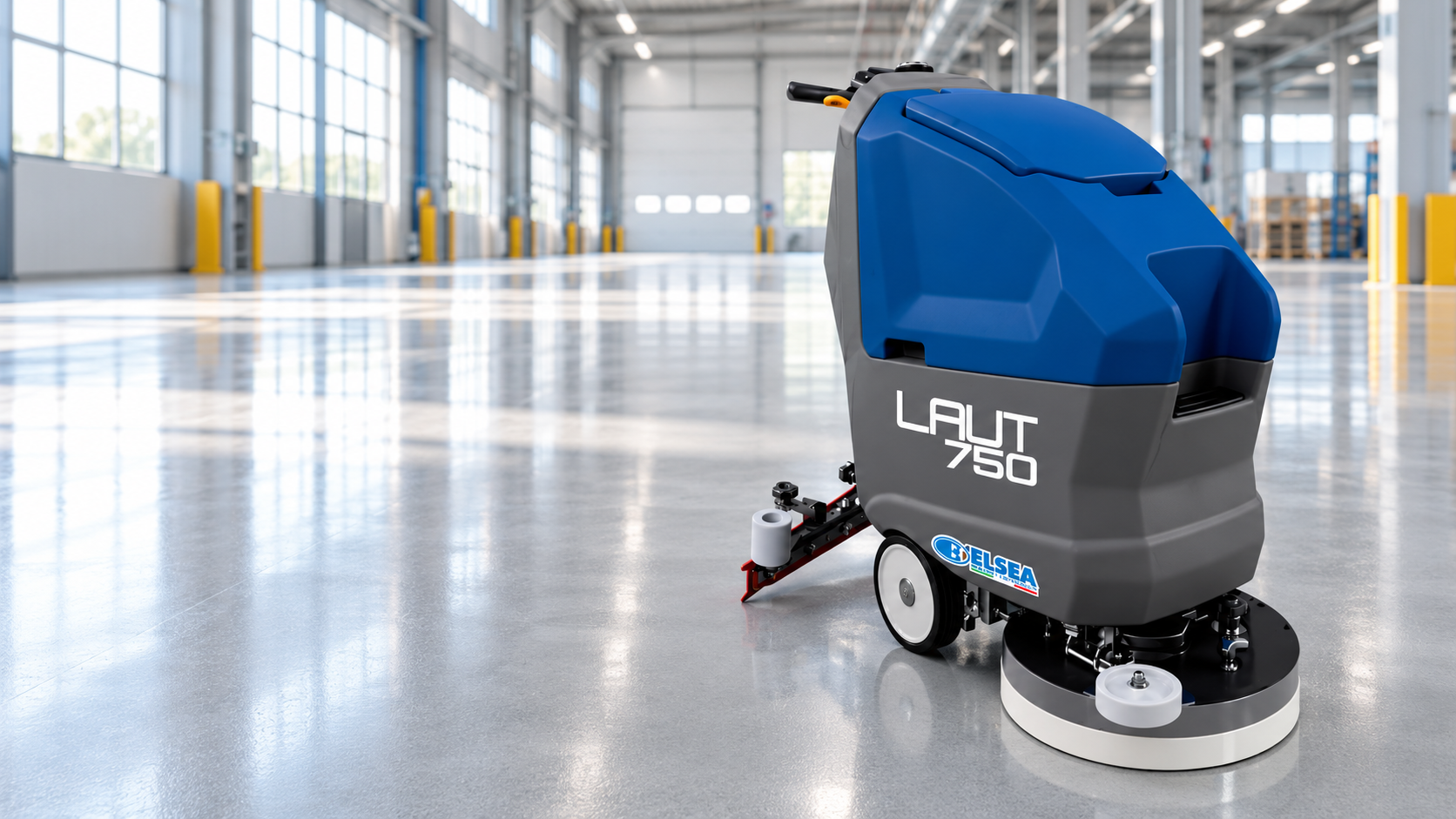 Generirani promotivni prikaz stroja ELSEA LAUT 750 prema kataloškoj fotografiji na besprijekorno čistom industrijskom podu